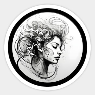 Surreal Woman's Portrait with Swirling Abstract Motifs Sticker